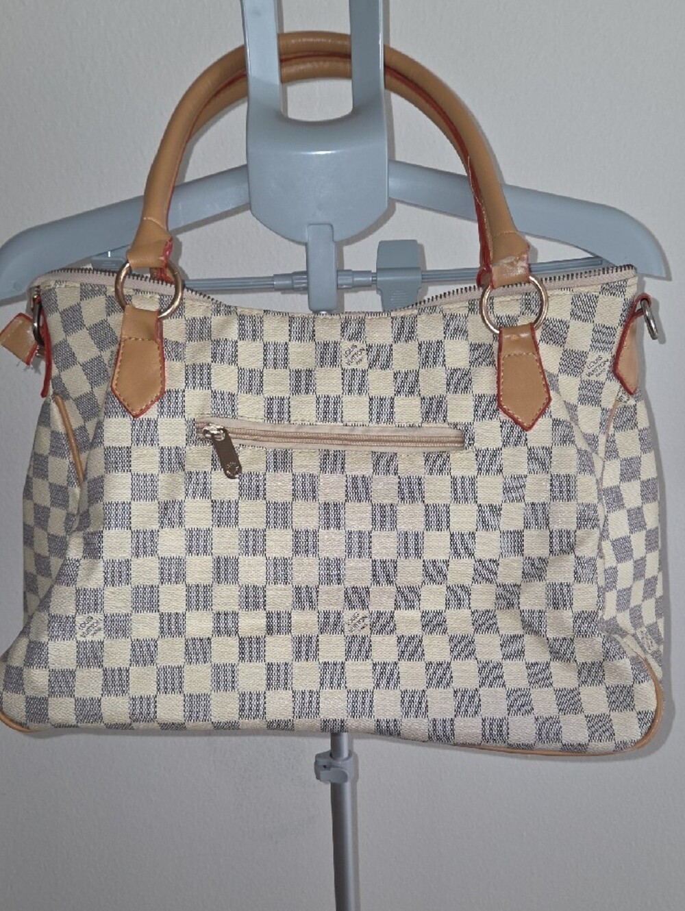 Designer-Style Cream Checkerboard Damier Tote Bag - Picture 3 of 13